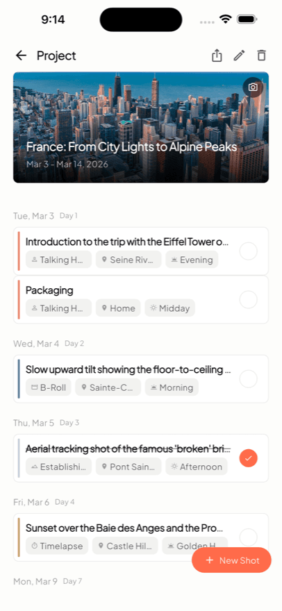 ClapList project with shot schedule